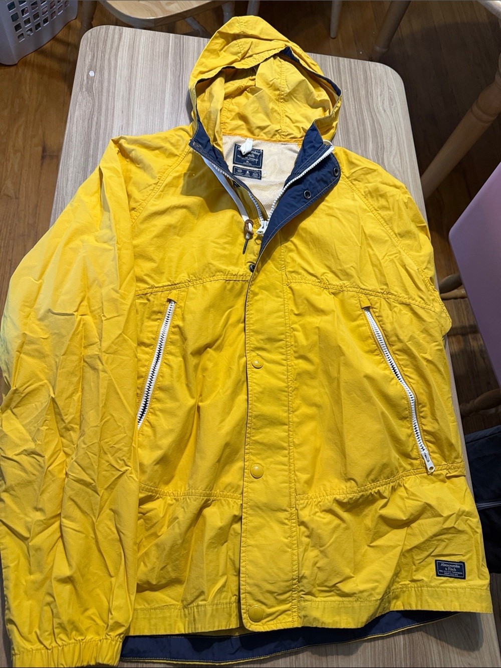 Abercrombie & Fitch Yellow Hooded Rain Jacket with Navy Trim